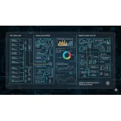Schematic blueprint of an advanced therapy R&D facility with financial data overlays.