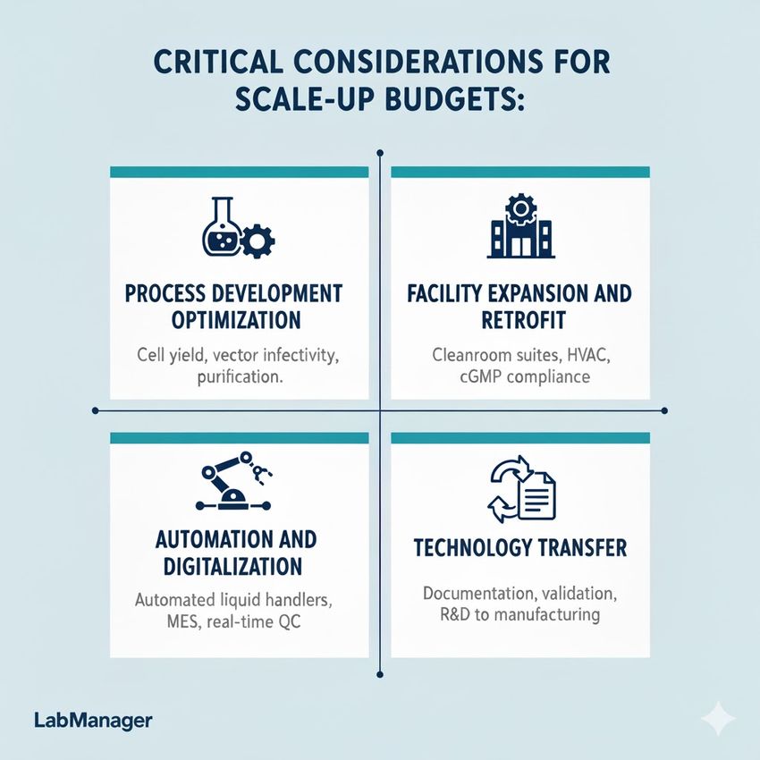 Infographic on critical considerations for scale-up budgets.