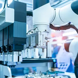 A robotic arm equipped with advanced liquid handling tools in a modern laboratory setting, representing lab automation and AI integration.