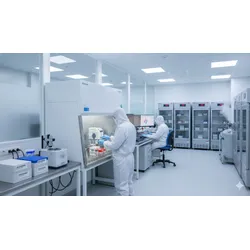 A scientist in a cleanroom suit working in a modern laboratory, organizing biological samples in a freezer, with advanced digital monitoring systems and automated equipment in the background.