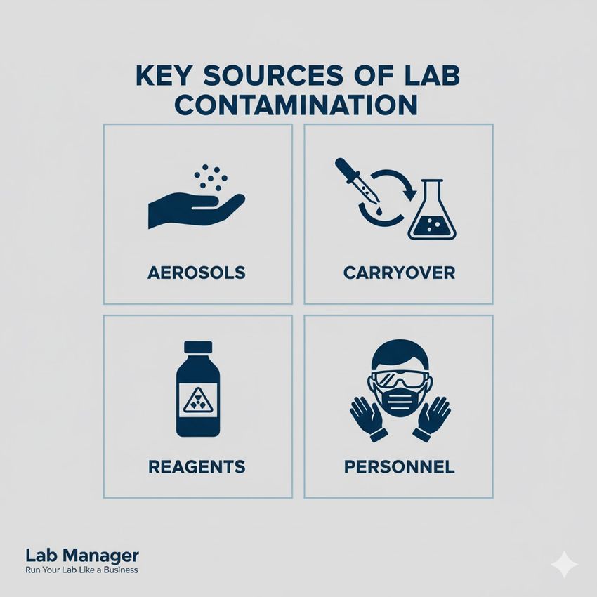 A professional 2x2 grid infographic with four dark blue icons and titles on a gray background, listing the Key Sources of Lab Contamination: Aerosols, Carryover, Reagents, and Personnel. The Lab Manager logo is in the bottom left.