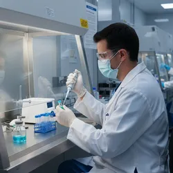 Scientist in PPE working with viral vectors in a biosafety cabinet, demonstrating risk management and biosafety in a compliant laboratory setting.