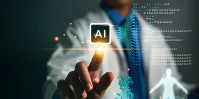 A hand touching an AI icon symbolizing AI regulation in healthcare.