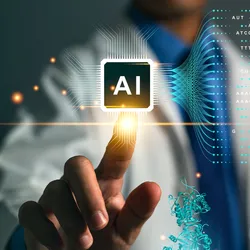 A hand touching an AI icon symbolizing AI regulation in healthcare.