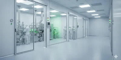 Abstract visual representing cleanroom and GMP principles with glowing green elements within a pristine, structured environment.
