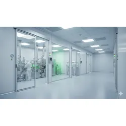Abstract visual representing cleanroom and GMP principles with glowing green elements within a pristine, structured environment.