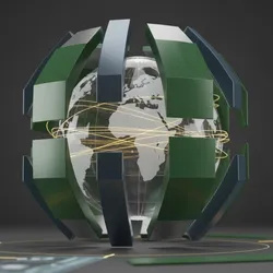 Global food supply chain visualized with a secure, translucent world orb protected by interlocking food safety regulations in green and silver, highlighting data integrity and FSMA compliance.