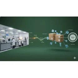 Visual comparing a modern in-house food testing laboratory with a network of outsourced sample boxes and an ISO 17025 accreditation, illustrating hybrid models and data flow.