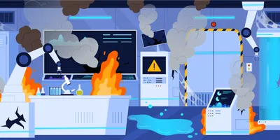 Laboratory fire with smoke and flames highlighting safety hazards