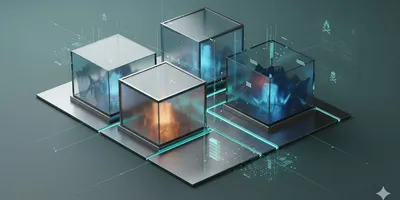 Abstract representation of chemical safety in food labs, featuring intersecting planes and glowing containment zones in a cool color palette.