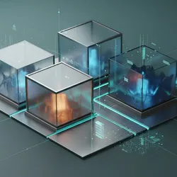 Abstract representation of chemical safety in food labs, featuring intersecting planes and glowing containment zones in a cool color palette.