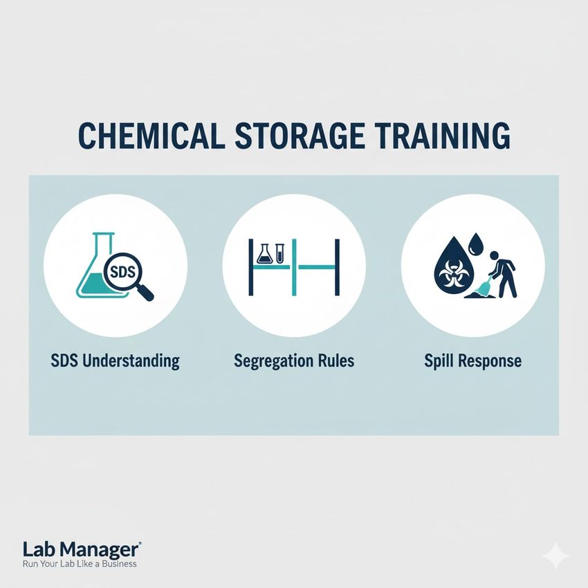 Professional Lab Manager infographic on Chemical Storage Training.