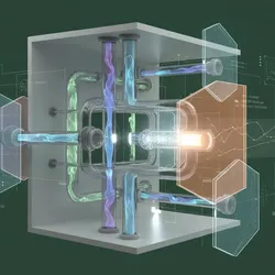 Abstract visual representation of environmental controls for sample integrity, showing a central transparent cube with interconnected, glowing pipes representing controlled flows of temperature, humidity, and air quality, surrounded by digital interface elements displaying data and monitoring.