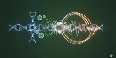 Abstract visual representing the integration of molecular and analytical chemistry in food safety. Dynamic lines and glowing particles symbolize next-gen PCR and advanced chromatography, detecting contaminants and ensuring food quality.