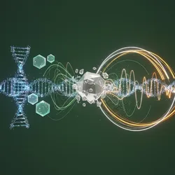 Abstract visual representing the integration of molecular and analytical chemistry in food safety. Dynamic lines and glowing particles symbolize next-gen PCR and advanced chromatography, detecting contaminants and ensuring food quality.