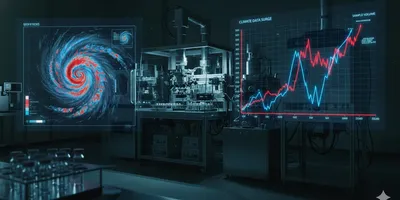 Dynamic capacity planning visualization showing a mass spectrometer in an environmental lab, overlaid with a digital storm radar and data graph representing climate-driven sampling surge volatility.
