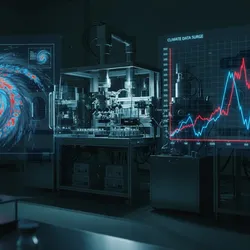 Dynamic capacity planning visualization showing a mass spectrometer in an environmental lab, overlaid with a digital storm radar and data graph representing climate-driven sampling surge volatility.