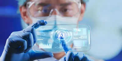 Laboratory professional interacting with AI technology