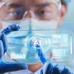 Laboratory professional interacting with AI technology