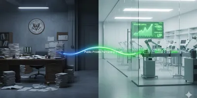 Visual contrast of stable, grant-based government lab (left) and agile, VC-backed private biotech lab (right), connected by a symbolic Public-Private Partnership (PPP) bridge, 16:9 aspect ratio.