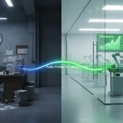 Visual contrast of stable, grant-based government lab (left) and agile, VC-backed private biotech lab (right), connected by a symbolic Public-Private Partnership (PPP) bridge, 16:9 aspect ratio.