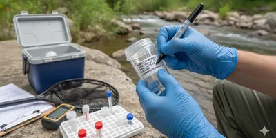 Field scientist labeling environmental sample, chain of custody documentation.