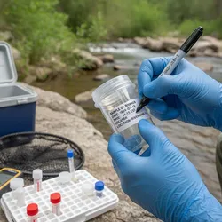 Field scientist labeling environmental sample, chain of custody documentation.