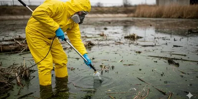 Environmental scientist in bright yellow Level B chemical suit collecting a water sample from a swamp, illustrating field safety, PPE protocols, and environmental lab sampling integrity.