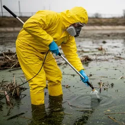 Environmental scientist in bright yellow Level B chemical suit collecting a water sample from a swamp, illustrating field safety, PPE protocols, and environmental lab sampling integrity.