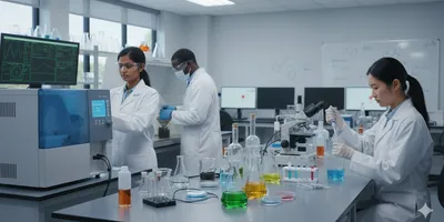 Environmental lab scientists conduct proficiency testing on water, soil, and air samples using advanced analytical equipment and meticulous techniques for data excellence and regulatory compliance.