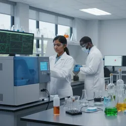 Environmental lab scientists conduct proficiency testing on water, soil, and air samples using advanced analytical equipment and meticulous techniques for data excellence and regulatory compliance.