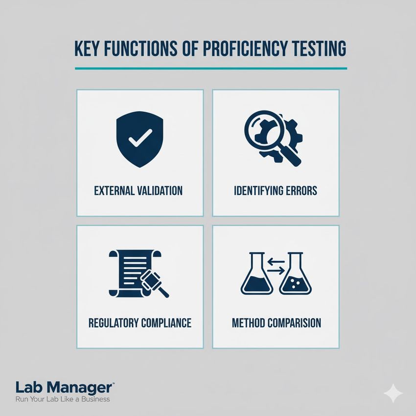 A four-panel infographic titled "Key Functions of Proficiency Testing." The panels are arranged in a two-by-two grid on a light gray background, each featuring a dark blue icon and a label. The four functions shown are: External Validation (shield icon with a checkmark), Identifying Errors (magnifying glass, gear, and wrench icon), Regulatory Compliance (scroll with a seal and gavel icon), and Method Comparison (two connected laboratory flasks icon). The Lab Manager logo is in the bottom-left corner.