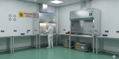 A scientist in a cleanroom suit works inside a biological safety cabinet in a high-tech laboratory, surrounded by advanced containment infrastructure for hazardous samples.