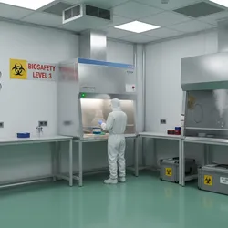 A scientist in a cleanroom suit works inside a biological safety cabinet in a high-tech laboratory, surrounded by advanced containment infrastructure for hazardous samples.