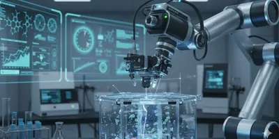 Robotic arm with multiple attached sensors performing a scientific experiment in a modern, high-tech laboratory. The image highlights advanced automation and precision in scientific research, with blurred lab equipment and data screens in the background.
