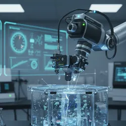 Robotic arm with multiple attached sensors performing a scientific experiment in a modern, high-tech laboratory. The image highlights advanced automation and precision in scientific research, with blurred lab equipment and data screens in the background.
