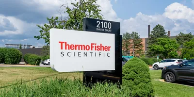Thermo Fisher facility sign highlighting data solutions for clinical research