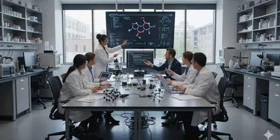 Collaborative materials science research, diverse scientists, interdisciplinary lab, advanced technology, innovation, data visualization.