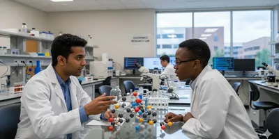 Scientists collaborating on molecular model in advanced materials science lab for industrial R&D partnership.