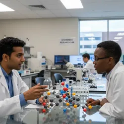 Scientists collaborating on molecular model in advanced materials science lab for industrial R&D partnership.