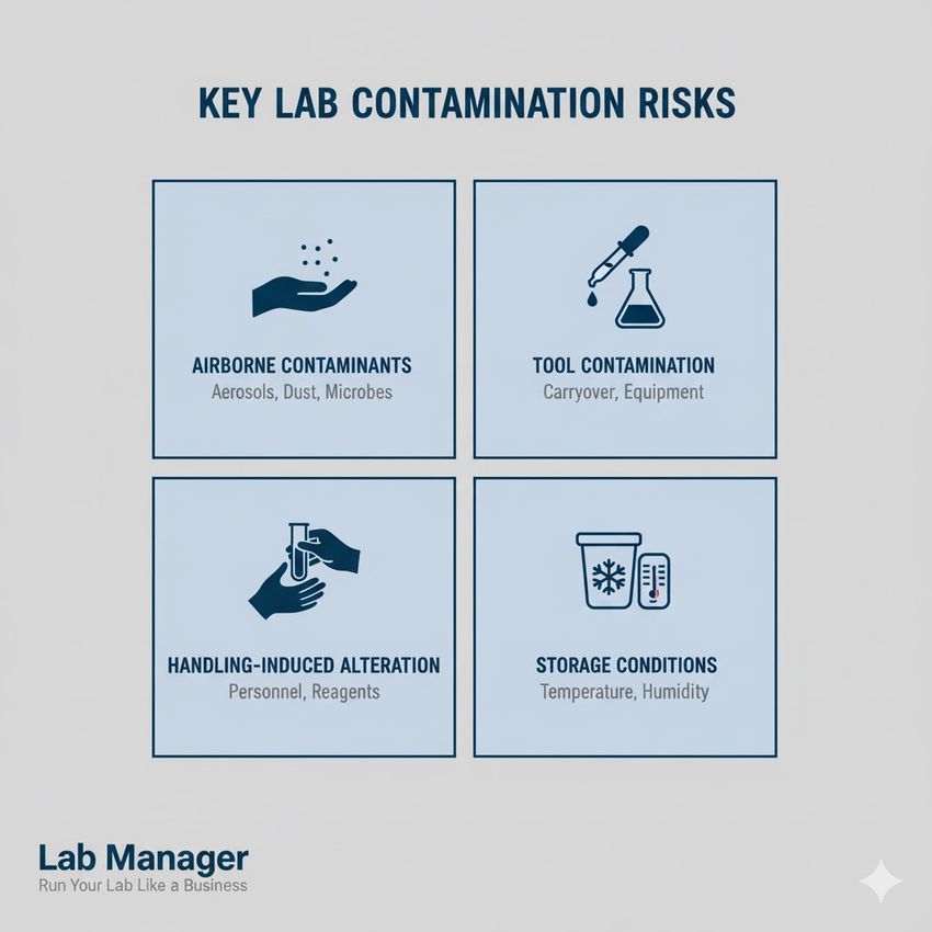 Infographic on key contamination risks in a materials lab. Infographic on key contamination risks in a materials lab.