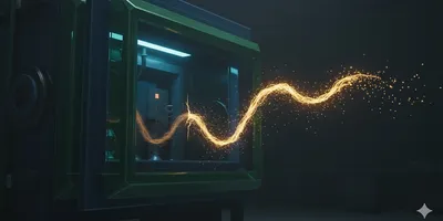 Abstract image of nanoscale particle containment breach; glowing gold nanomaterials escaping a deep-blue/green geometric laboratory barrier, illustrating hazard management challenges.