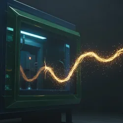 Abstract image of nanoscale particle containment breach; glowing gold nanomaterials escaping a deep-blue/green geometric laboratory barrier, illustrating hazard management challenges.