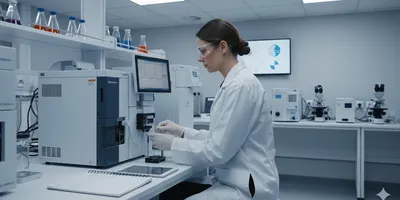 Materials science lab validation: Scientist performing method qualification test on industrial material