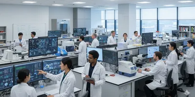 Multi-PI academic lab with diverse scientists collaborating on research, featuring advanced equipment and organized workspaces.