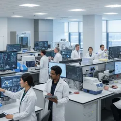 Multi-PI academic lab with diverse scientists collaborating on research, featuring advanced equipment and organized workspaces.