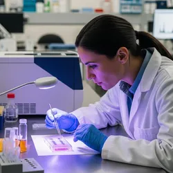 A female forensic scientist in a white lab coat and blue gloves analyzes DNA samples under a lamp in a modern forensic laboratory, with test tubes, pipettes, and analytical equipment on the bench.