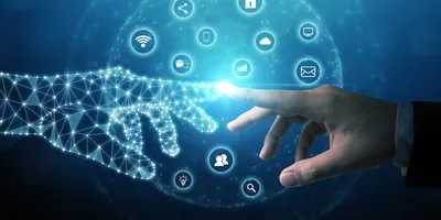 Hands reaching towards digital AI tools and icons for responsible AI adoption