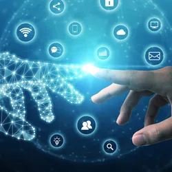 Hands reaching towards digital AI tools and icons for responsible AI adoption