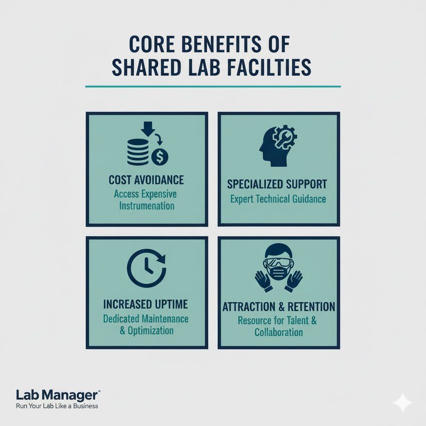 Infographic on the core benefits of shared lab facilities.